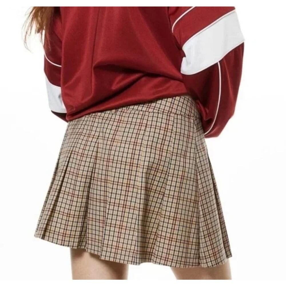 Plaid Mini Skirt Tan Burgundy Pleated Preppy Twee Style Size Small - Picture 1 of 6